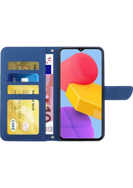Samsung Galaxy M13 Için 4g Stand Cüzdan Telefon Kılıfı Pu Deri Kelebek Çiçekleri Baskı Omuz Kayışı Mavisi ile Cilt Touch Koruyucu Kapak (Yurt Dışından)