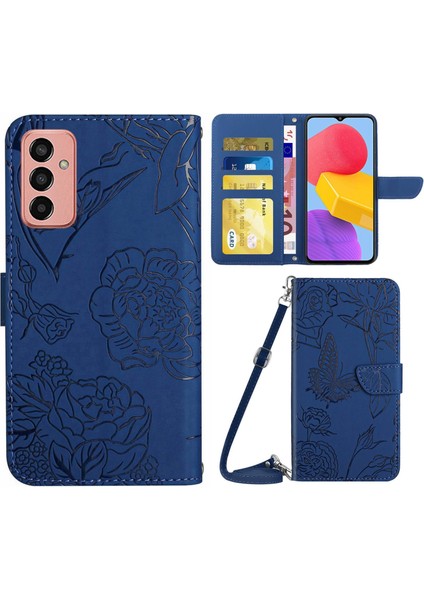 Samsung Galaxy M13 Için 4g Stand Cüzdan Telefon Kılıfı Pu Deri Kelebek Çiçekleri Baskı Omuz Kayışı Mavisi ile Cilt Touch Koruyucu Kapak (Yurt Dışından)