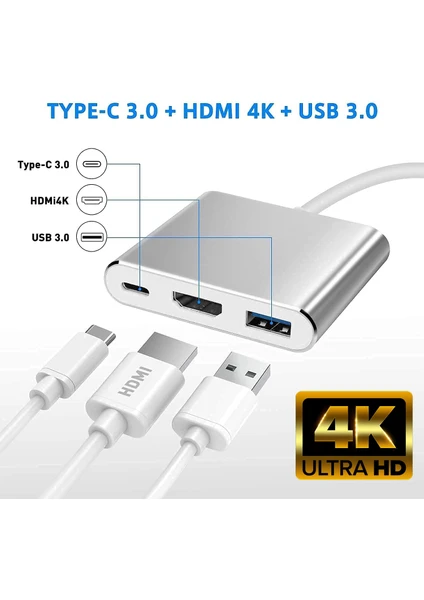 CF01 Macbook Uyumlu 4K Full HD 1080p Type C To 3 Portlu HDMI - USB 3.0 - PD Çevirici Hub Adaptör