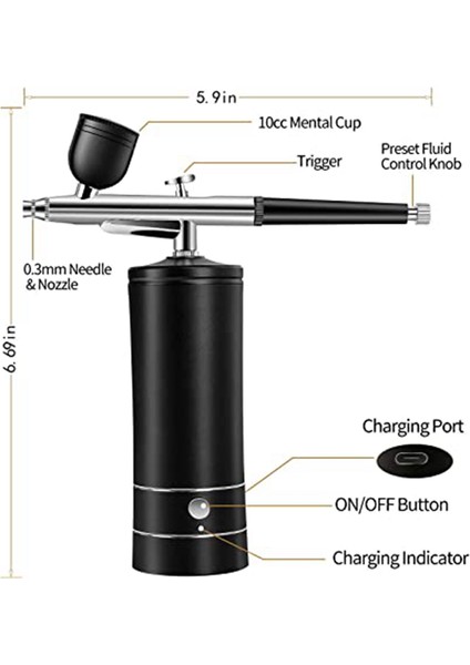 Şarj Edilebilir Akülü Airbrush Kompresörü, 30PSI Seti - Siyah (Yurt Dışından)