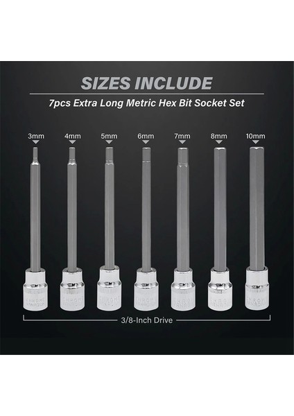 Ekstra Uzun Altıgen Uç Lokma Seti 7 Parça H3-H10 Cr-V 3/8 Inç Sürücü 110MM Uzunluk (Yurt Dışından)