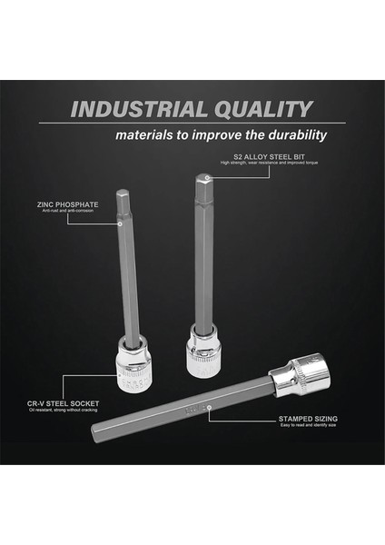 Ekstra Uzun Altıgen Uç Lokma Seti 7 Parça H3-H10 Cr-V 3/8 Inç Sürücü 110MM Uzunluk (Yurt Dışından)