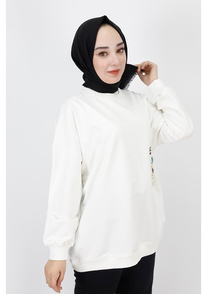 23001 2 Ip Kumaş Inci ve Baskı Detaylı Oversize Sweatshirt