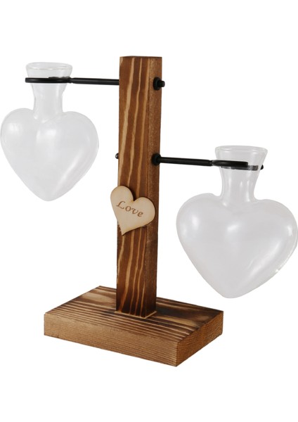 Cam Test Tüpü Vazo Ahşap Standı Cam Vazo Kalp Şekli Romantik Topraksız Bitkiler Tutucu Bonsai Masaüstü Dekor-B (Yurt Dışından)