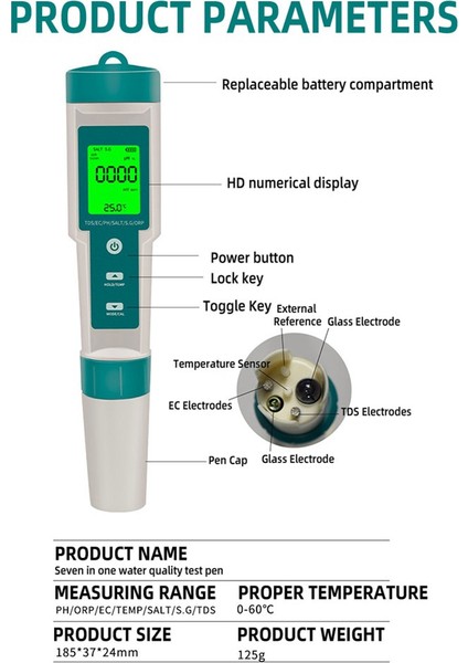 7'si 1 Arada Su Kalitesi Test Cihazı Ph/orp/ec/sg/tds LCD Arka Işık Test Kalemi (Yurt Dışından)