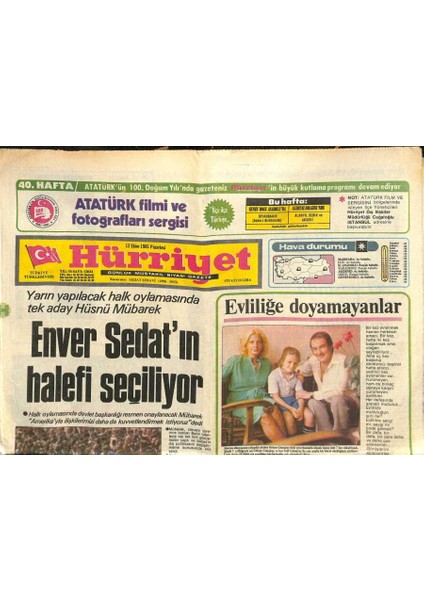 Hürriyet Gazetesi 12 Ekim 1981 - Enver Sedatın Halefi Seçiliyor GZ113384