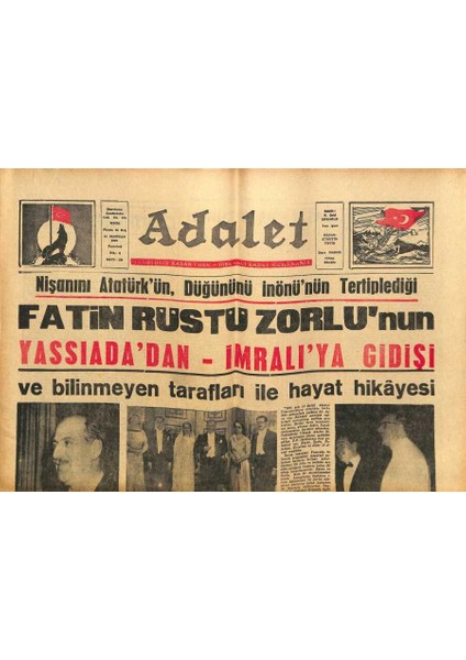Adalet Gazetesi 14 Haziran 1965 - Rüştü Zorlunun Yassıadadan Imralıya Gidişi GZ109252