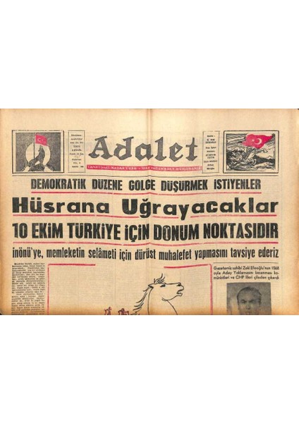 Adalet Gazetesi 6 Eylül 1965 - Demokratik Düzene Gölge Düşürmek Istiyenler Hüsrana Uğrayacaklar GZ109820