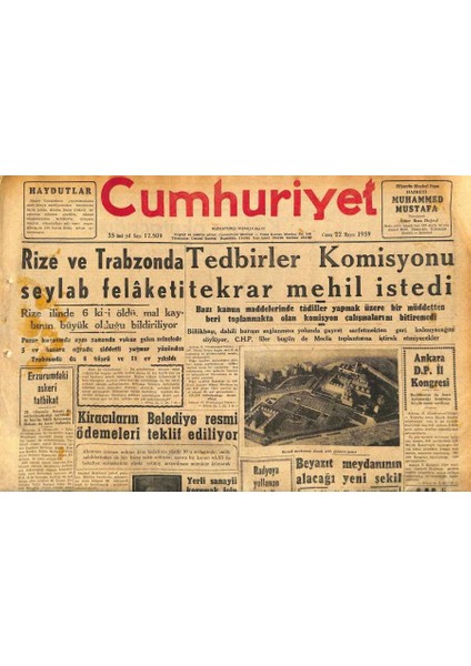 Cumhuriyet Gazetesi 22 Mayıs 1959 - Beyazıt Meydanının Alacağı Yeni Şekil - Rize ve Trabzonda Seylab Felaketi GZ120075