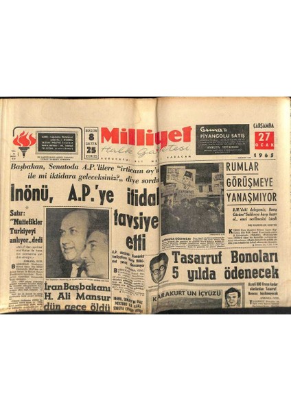 Milliyet Halk Gazetesi 27 Ocak 1965 - Iran Başbakanı H. Ali Mansur Dün Gece Öldü - Inönü , A.p.ye Itidal Tavsiye Etti GZ121414