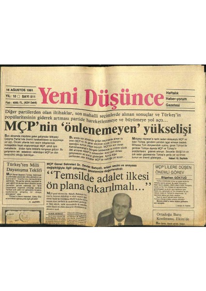 Yeni Düşünce Gazetesi 16 Ağustos 1991 - Su Meselesi Ortadoğunun Gündeminde - Kuzey Irakta Geç Kalmış Harekat GZ122722