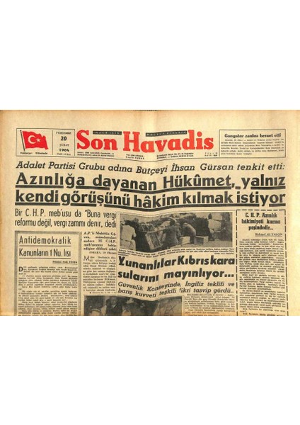 Son Havadis Gazetesi 20 Şubat 1964 - M.k.ede Tahkikat Çelikbaş Bakan Iken Açılmış - Yunanlılar Kıbrıs Kara Sularını Mayınlıyor... GZ123947