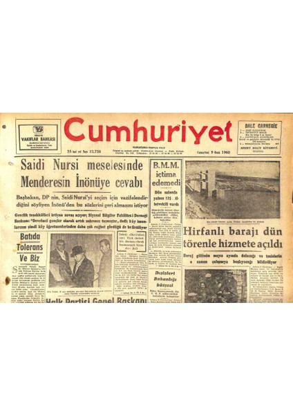 Cumhuriyet Gazetesi 9 Ocak 1960 - Hirfanlı Barajı Dün Törenle Hizmete Açıldı - Tedavüldeki Para 123 Milyon Lira Arttı GZ119956