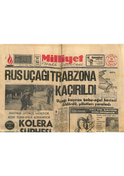 Milliyet Halk Gazetesi 16 Ekim 1970 - Rus Uçağı Trabzona Kaçırıldı - Kolera Şüphesi Belirdi GZ121337