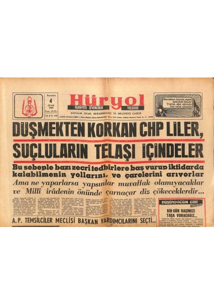 Hüryol Gazetesi 4 Ocak 1965 - Düşmekten Korkan Chpliler , Suçluların Telaşı Içindeler GZ109727
