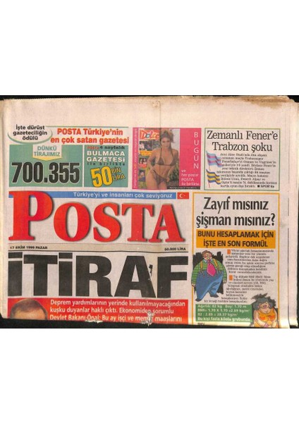 Posta Gazetesi 17 Ekim 1999 - Mahsun Kırmızıgüle Kraliçe Pınar Tezcan Aşık - Zemanlı Fenere Trabzon Şoku GZ91979