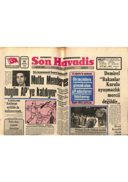 Son Havadis Gazetesi 23 Ağustos 1975 - Mutlu Menderes Apye Katılıyor GZ99106
