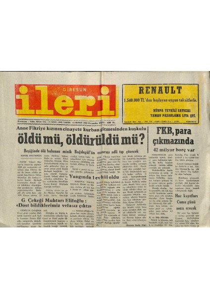 Giresun Ileri Gazetesi 13 Şubat 1992 - Fkb , Para Çıkmazında - Tso Raporuna Göre Giresunun Yarıdan Fazlası Işsiz GZ123008