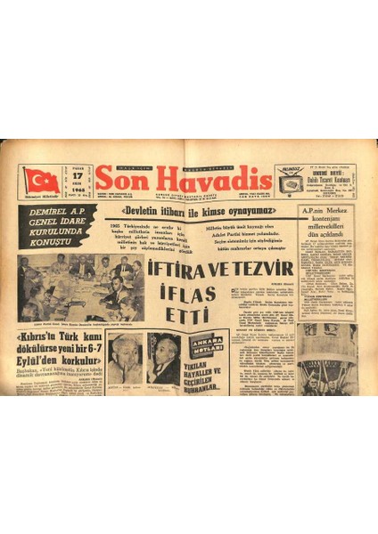 Son Havadis Gazetesi 17 Ekim 1965 - Demirel A.p. Genel Idare Kurulunda Konuştu - Pakistandaki Türk Kızılay Ekibi Dönüyor GZ121037