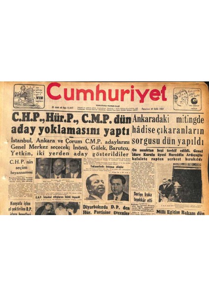 Cumhuriyet Gazetesi 30 Eylül 1957 - Tunus Silahlanıyor - Kalecik ve Civarını Dün Seller Bastı GZ119656