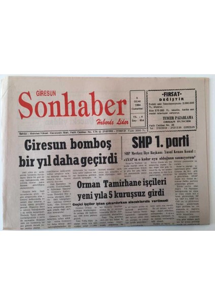 Giresun Son Haber Gazetesi 1 Ocak 1994 - Giresun Bomboş Bir Yıl Daha Geçirdi , Shp 1. Parti GZ18304