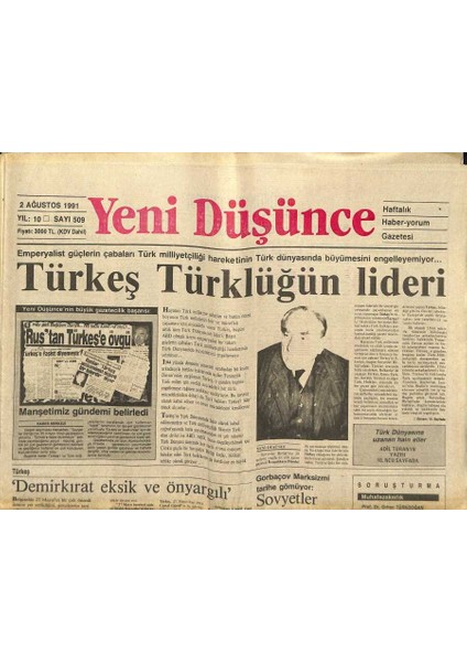 Yeni Düşünce Gazetesi 2 Ağustos 1991 - Irak Türkleri Yine Katledildi - Türkeş Türklüğün Lideri GZ122720