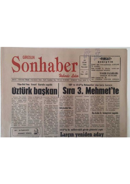 Giresun Son Haber Gazetesi 10 Ocak 1994 - Anap Üç Milletvekilli Gövde Gösterisi Yaptı , Batlamalılar Dertli GZ18270