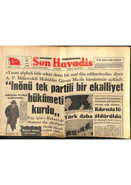 Son Havadis Gazetesi 21 Şubat 1964 - Vefa Semti Yangın Tehlikesi Atlattı - Celal Bayar Yargılandı GZ123948