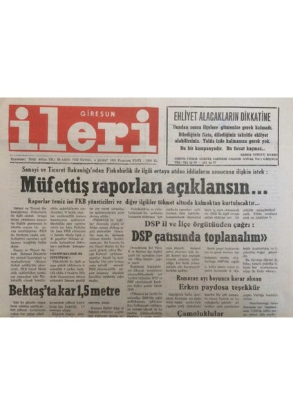 Giresun Ileri Gazetesi 6 Şubat 1995 - Müfettiş Raporları Açıklansın GZ35235