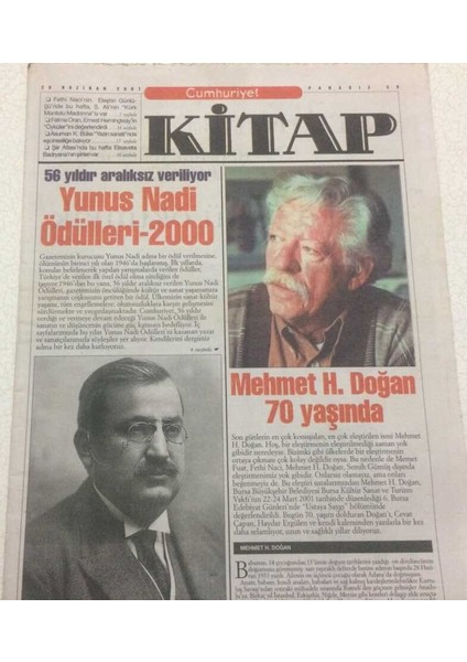 Cumhuriyet Gazetesi Kitap Eki 28 Haziran 2001 - Mehmet H. Doğan 70 Yaşında GZ48597