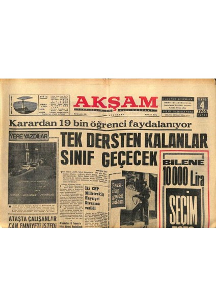 Akşam Gazetesi 4 Temmuz 1965 - Tek Dersten Kalanlar Sınıf Geçecek - Basri Dün Gece Futbolu Bıraktı GZ121191