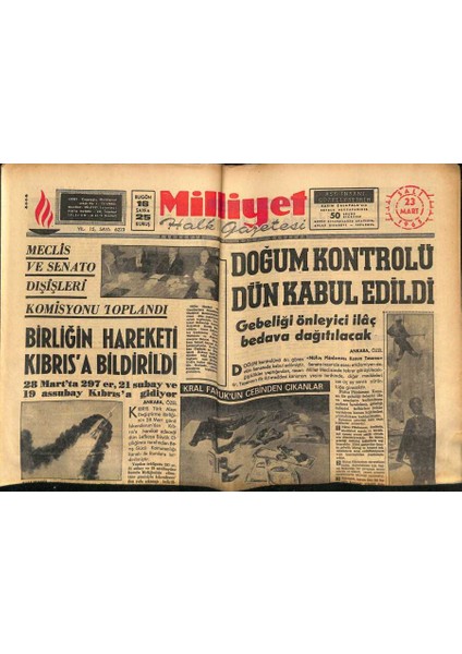 Milliyet Halk Gazetesi 23 Mart 1965 - Doğum Kontrolü Dün Kabul Edildi . Gebeliği Önleyici Ilâç Bedava Dağıtılacak GZ121354