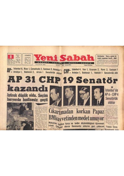 Yeni Sabah Gazetesi 8 Haziran 1964 - Christine Keeler Serbest Olacak - Elizabeth Araba Kazası Geçirdi - Ap 31 Chp 19 Senatör Kazandı GZ124047