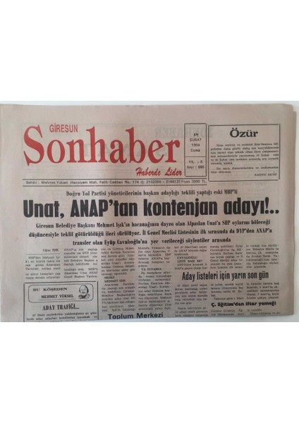 Giresun Son Haber Gazetesi 18 Şubat 1994 - 27 Mart Yerel Seçimlerine Katılacak Siyasi Partilerin Aday Listeleri Için Yarın Son Gün GZ18261