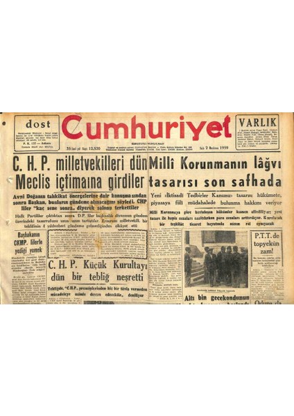 Cumhuriyet Gazetesi 2 Haziran 1959 - Beşiktaşta Bir Sigara Yüzünden 15 Ev Yandı - Milli Korunmanın Lâğvı Tasarısı Son Safhada GZ120103