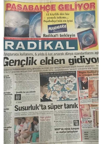 Radikal Gazetesi 11 Ekim 1997-UYUŞTURUCU Kullanımı,6 Yılda 6 Kat Artarak Dünya Standartlarını Aştı GZ45431