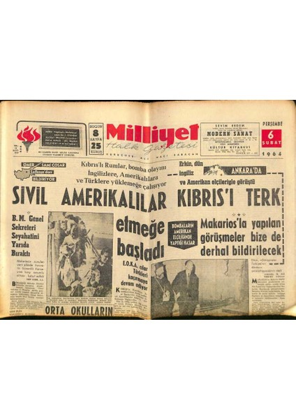 Milliyet Halk Gazetesi 6 Şubat 1964 - Sophia Lorenin En Büyük Arzusu Sahneye Çıkmak - Sivil Amerikalılar Kıbrısı Terk Etmeğe Başladı GZ121383
