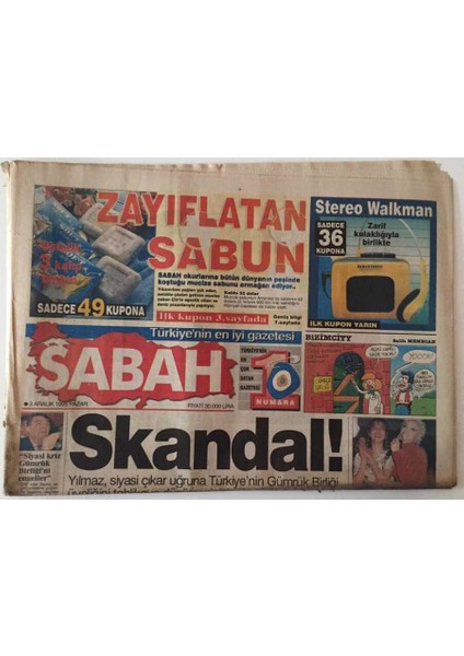 Sabah Gazetesi 3 Aralık 1995 - Mesut Yılmaz Siyasi Çıkar Uğruna Türkiyenin Gümrük Birliği Üyeliğini Tehlikeye Düşürdü GZ18536