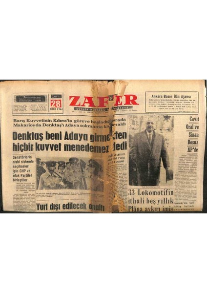 Zafer Gazetesi - 28 Mart 1964 - Denktaş Beni Adaya Girmekten Hiçbir Kuvvet Menedemez Dedi GZ110610