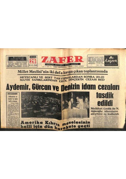 Zafer Gazetesi - 29 Ocak 1964 - Aydemir,gürcan ve Denizin Idam Cezaları Onaylandı GZ110633