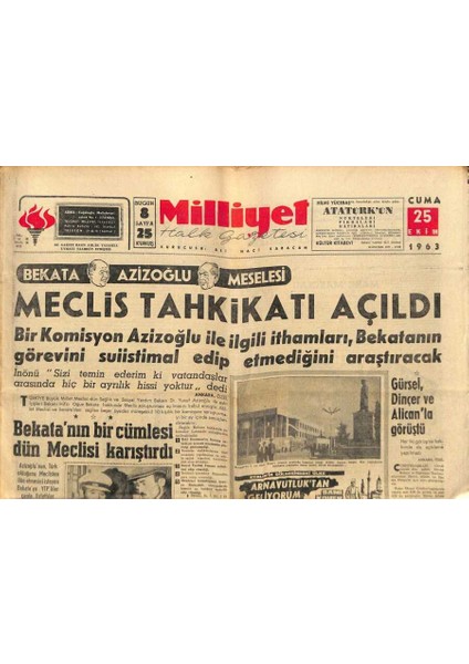 Milliyet Halk Gazetesi 25 Ekim 1963 - Tuslog Komutanı Amerikalıları Ikaz Etti GZ91665