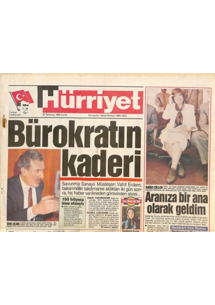Hürriyet Gazetesi 23 Temmuz 1993 - Ajda Pekkan Sen Ağlama Anne - Thy Ile Ingilizler Sıcak Temasta GZ126617