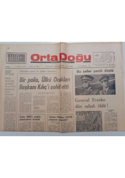 Ortadoğu Gazetesi - 21 Kasım 1975 - General Franko Dün Öldü GZ111525