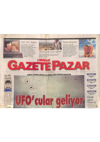 Milliyet Gazetesi Gazete Pazar Eki 31 Ocak 1999 - Şubat Ayında Bütün Istanbul Gökyüzüne Bakacak , Ufocular Geliyor GZ92566