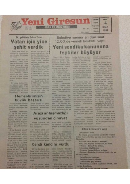 Yeni Giresun Gazetesi 4 Ocak 1994 - Yeni Sendika Kanununa Tepkiler Büyüyor GZ38209