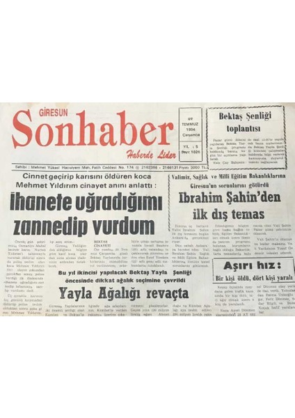 Giresun Son Haber Gazetesi 27 Temmuz 1994-İBRAHIM Şahinden Ilk Dış Temas GZ36653