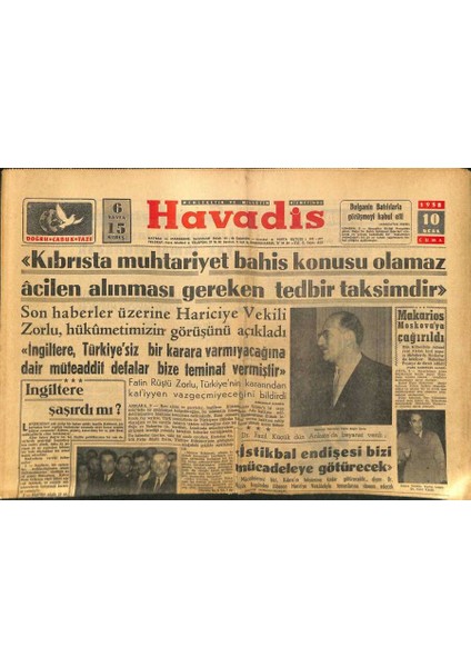 Havadis Gazetesi 10 Ocak 1958 - Kıbrısta Muhtariyet Bahis Konusu Olamaz Acilen Alınması Gereken Tedbir Taksimdir GZ122006