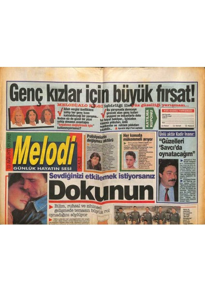 Sabah Gazetesi Melodi Eki 11 Ağustos 1992 - Ünlü Aktör Kadir Inanır Güzelleri Savcıda Oynatacağım GZ93827