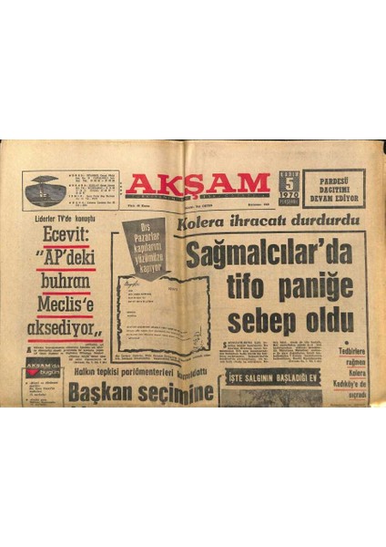 Akşam Gazetesi 5 Kasım 1970 - Sağmalcılarda Tifo Paniğe Sebep Oldu GZ97699