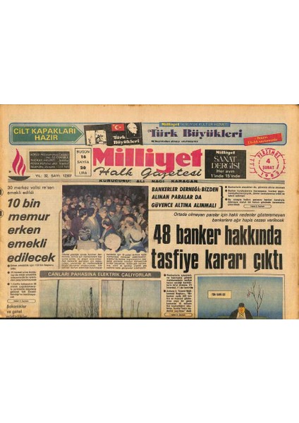Milliyet Halk Gazetesi 4 Şubat 1982 - Arıkanın Cenazesi Bugün Getiriliyor - 48 Banker Hakkında Tasfiye Kararı Çıktı GZ126038